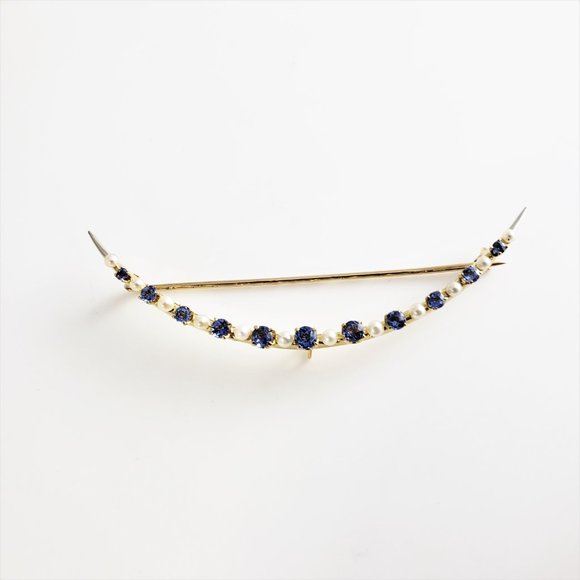 Vintage 14K Yellow Gold Blue Zircon & Pearl Crescent Moon Brooch/Pin GAI #8756 - Picture 2 of 8